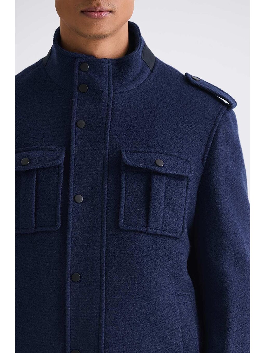 Lacivert Slim Fit Hakim Yaka Apoletli Desenli Spor Kaşe Kaban-2