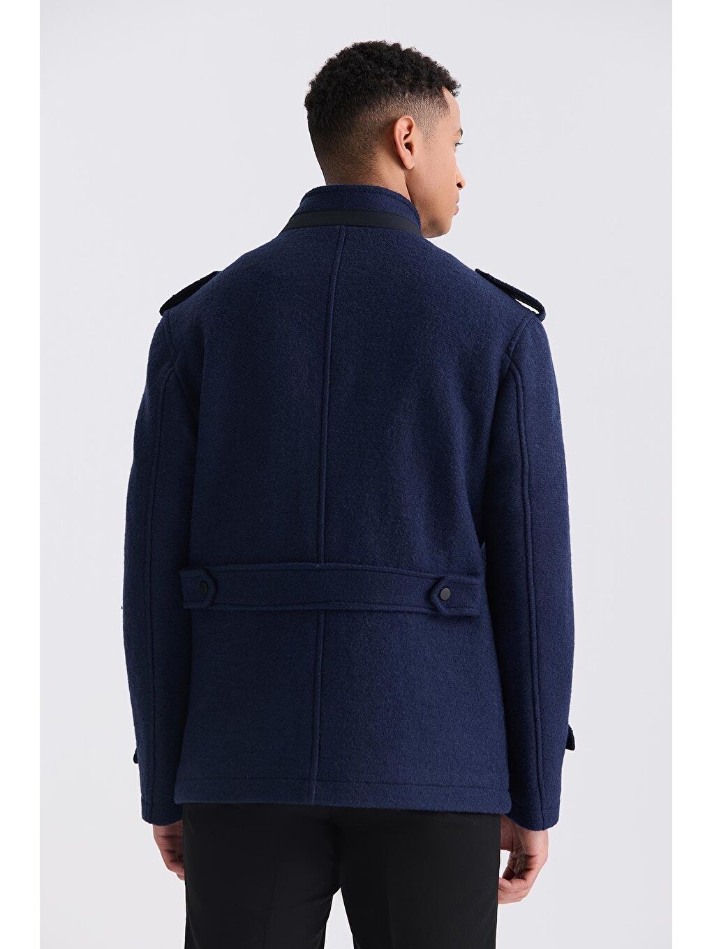 Lacivert Slim Fit Hakim Yaka Apoletli Desenli Spor Kaşe Kaban-3