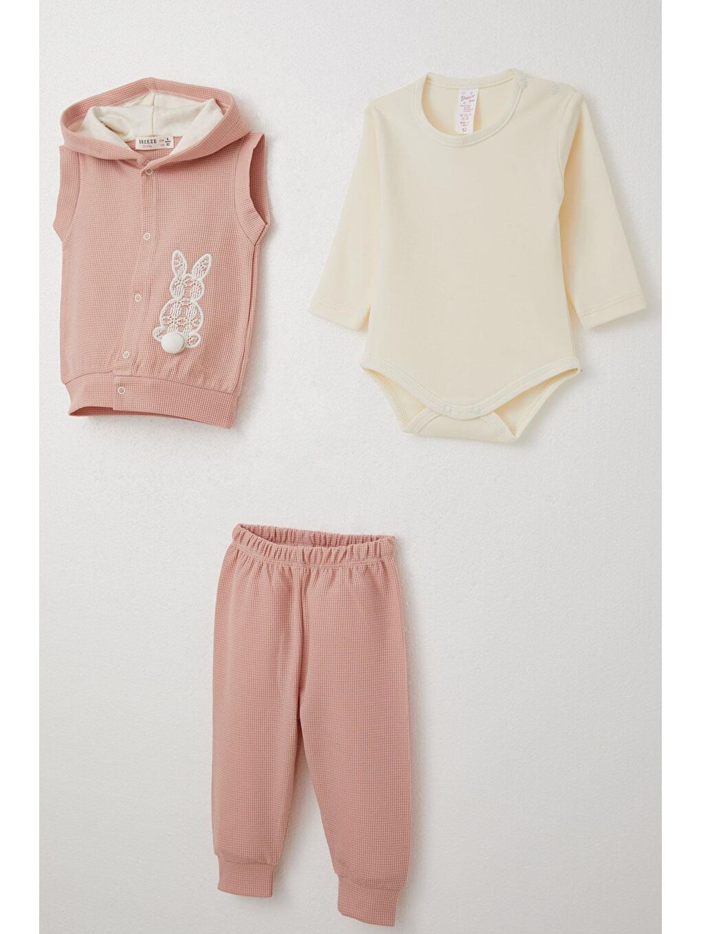 Pembe Kız Bebek Zıbınlı 3 Lü Takım Tavşan Nakışlı Ponponlu Gülkurusu (6-9 Ay)-2
