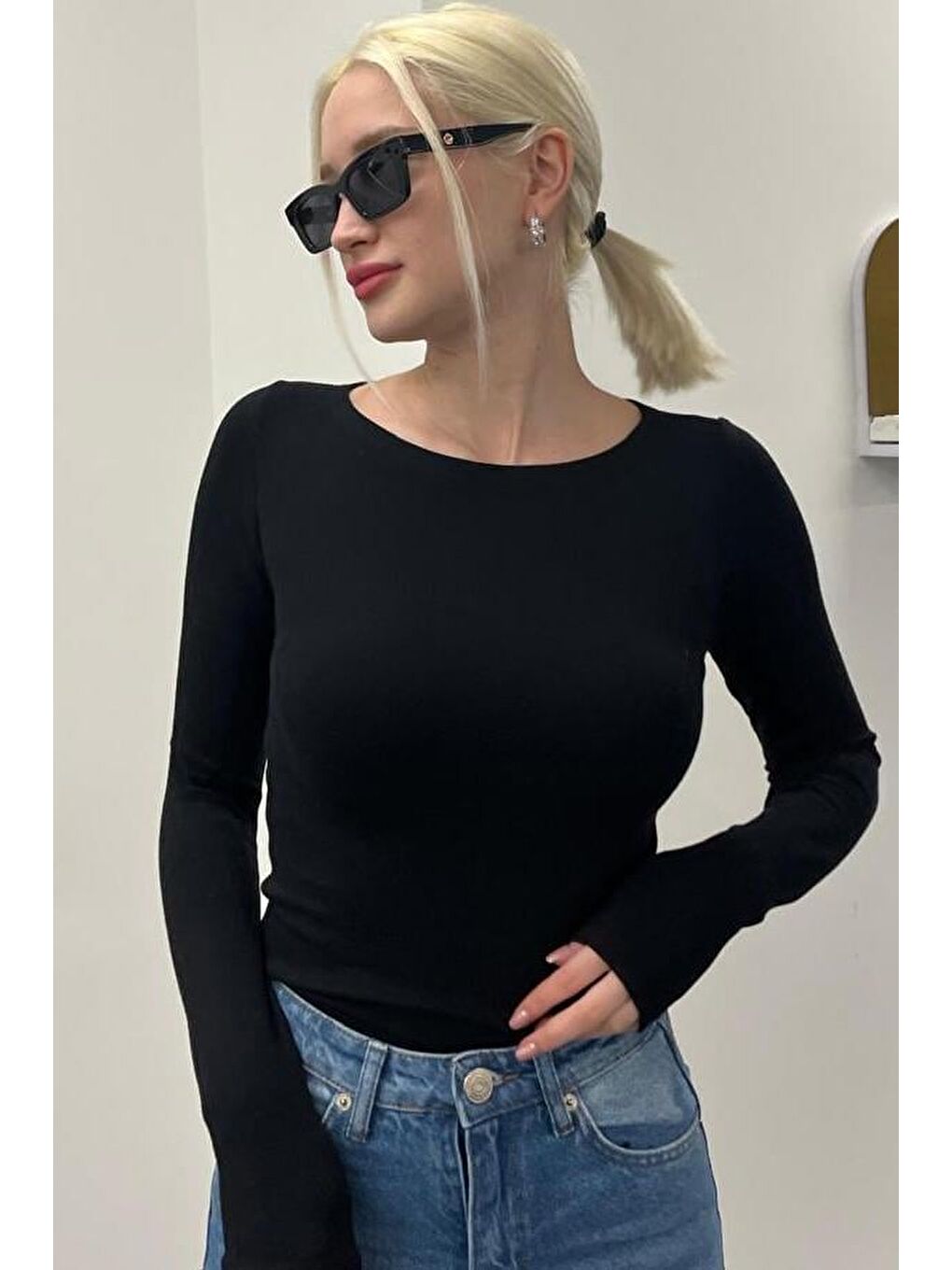 Siyah Kayık Yaka Uzun Kollu Kadın Top Body Mg2267-2