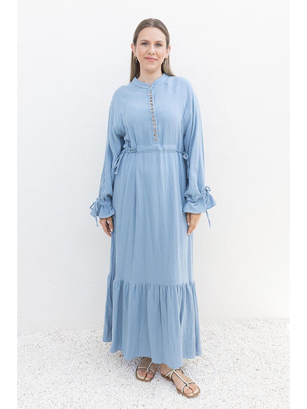 Mavi-Beli Bağlamalı Biritli Elbise-1