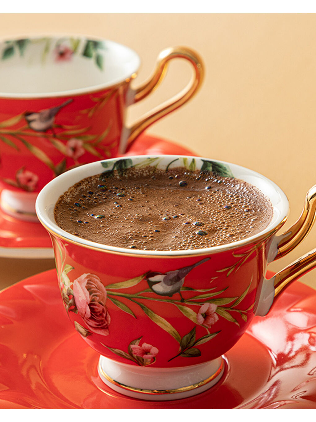 Vanilla New Bone China 4 Parça 2 Kişilik Kahve Fincan Takımı Kırmızı-2