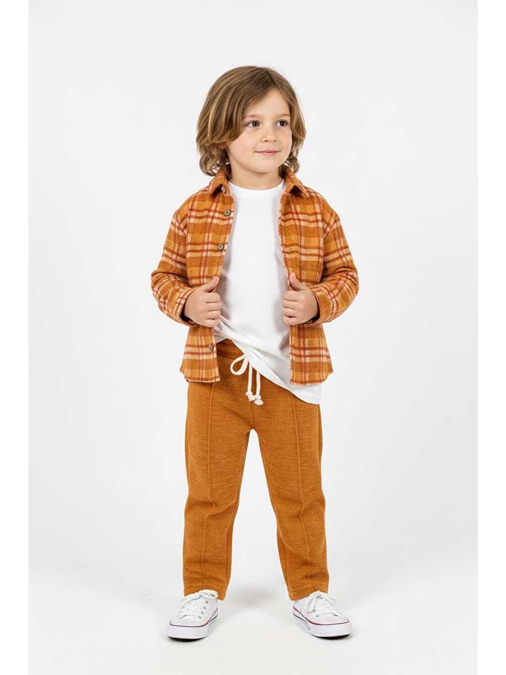Kahverengi Turuncu Ekoseli Gömlekli 3lü Takım