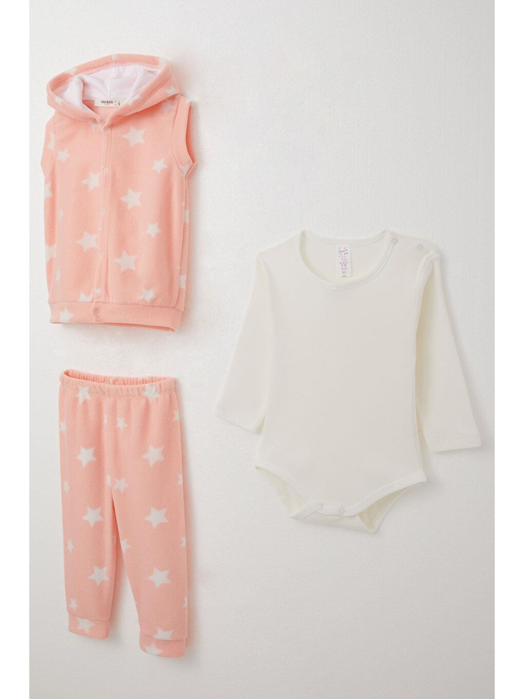 Pembe Kız Bebek Zıbınlı 3 Lü Takım Polar Yıldız Desenli Somon (6 Ay-1 Yaş)-3