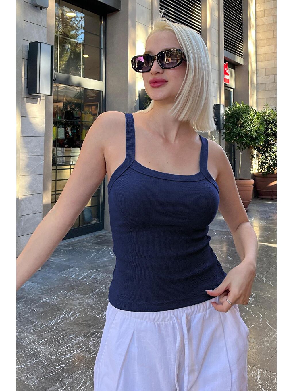 Lacivert Fitilli Görünümlü Askılı Basic Atlet Mg2236