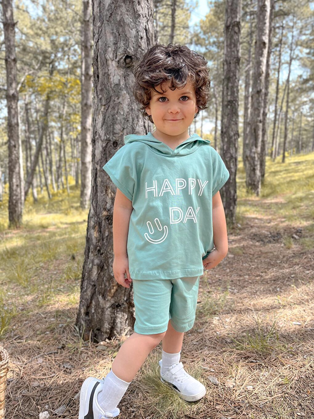 Yeşil Kapüşonlu Yazlık Baskılı Takım 2404KPSNYZLYK-3