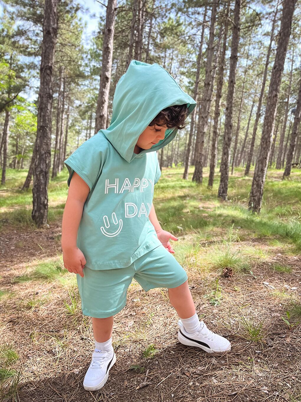 Yeşil Kapüşonlu Yazlık Baskılı Takım 2404KPSNYZLYK-4