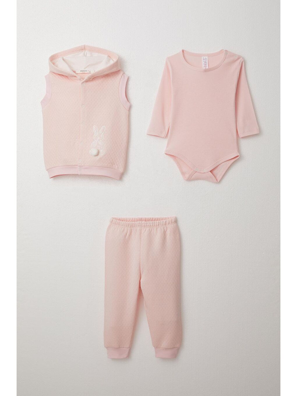 Pembe Kız Bebek Zıbınlı 3 Lü Takım Tavşancık Nakışlı Ponponlu Kapüşonlu Pudra (4 Ay-1 Yaş)