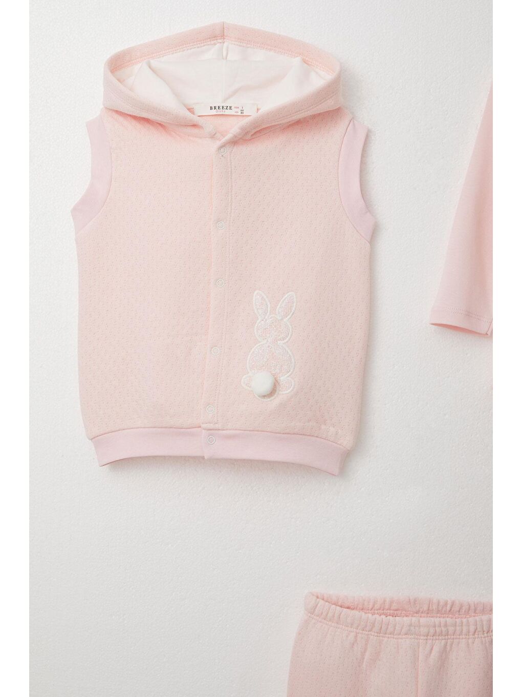Pembe Kız Bebek Zıbınlı 3 Lü Takım Tavşancık Nakışlı Ponponlu Kapüşonlu Pudra (4 Ay-1 Yaş)-1