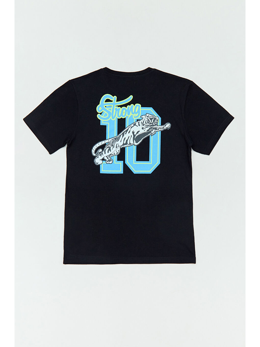 Siyah %100 Pamuk Kaplan Baskılı Bisiklet Yaka Erkek Çocuk Tişört-1