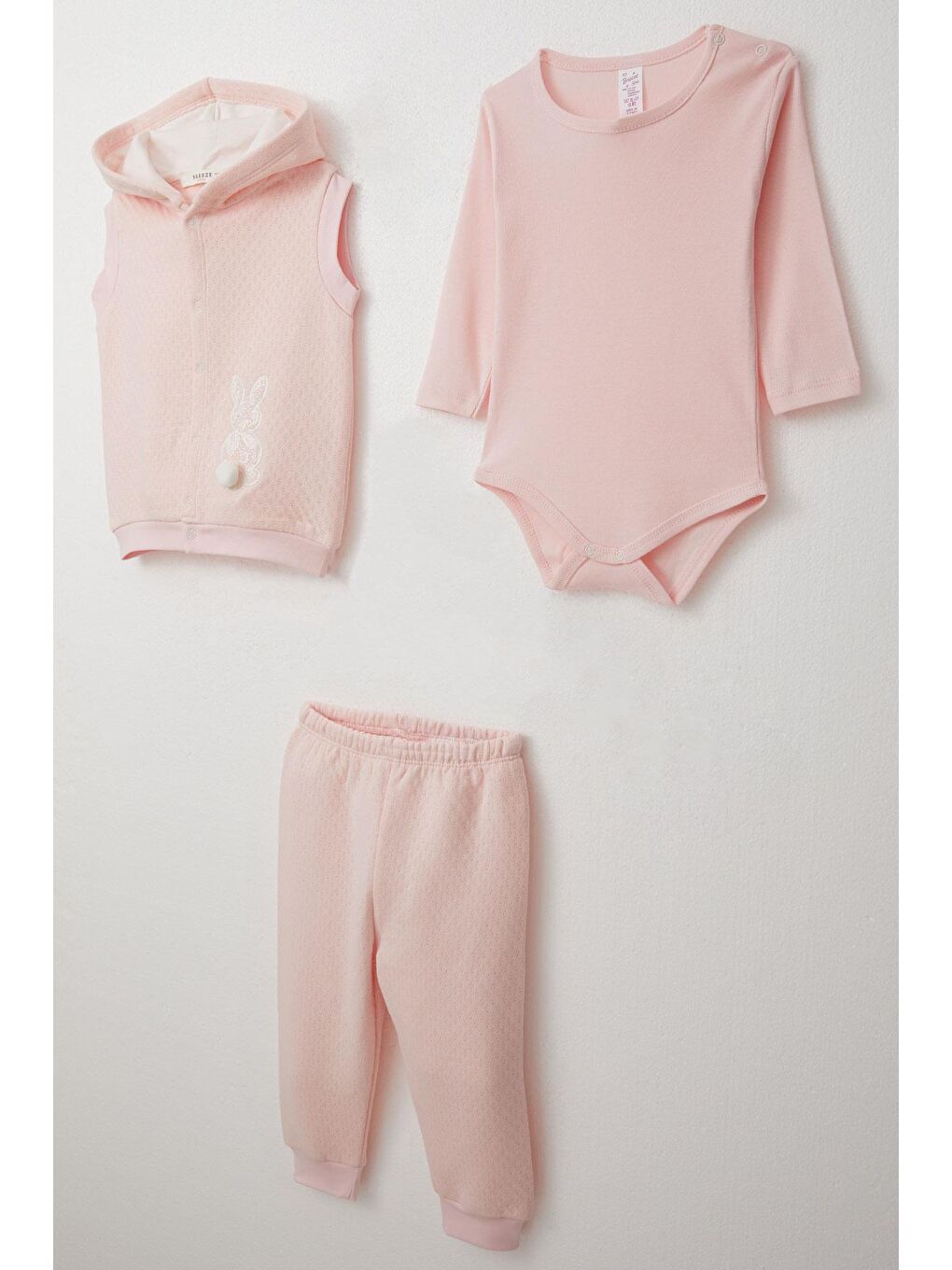 Pembe Kız Bebek Zıbınlı 3 Lü Takım Tavşancık Nakışlı Ponponlu Kapüşonlu Pudra (4 Ay-1 Yaş)-4