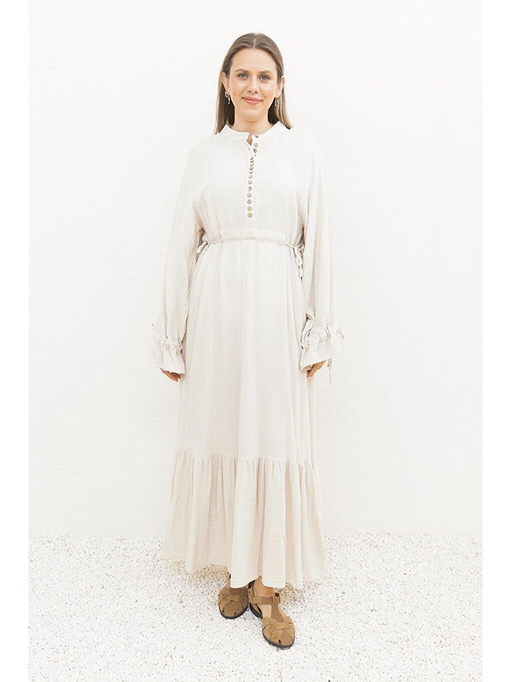 Bej Taş-Beli Bağlamalı Biritli Elbise-1