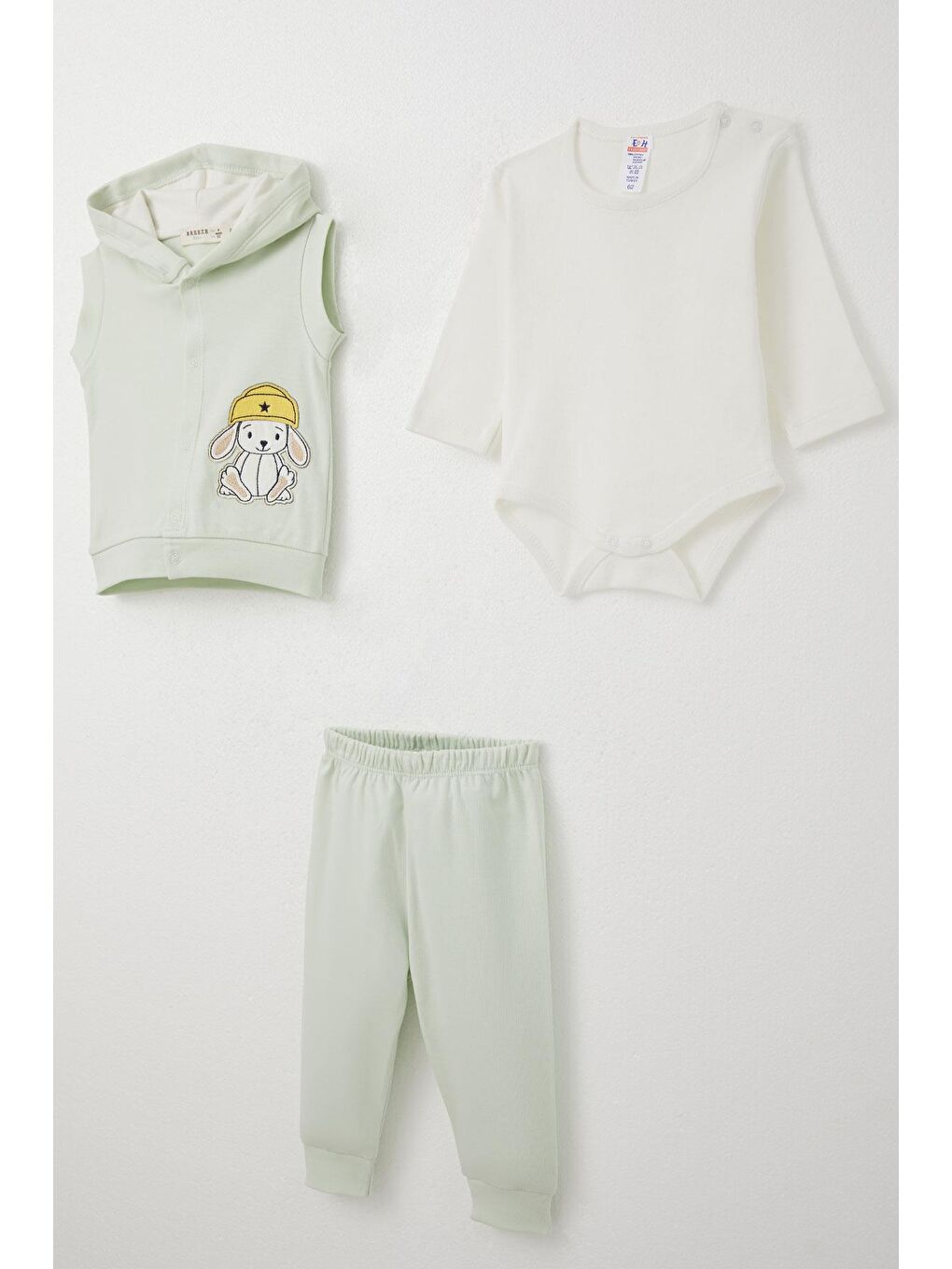 Turkuaz Erkek Bebek Zıbınlı 3 Lü Takım Sevimli Şapkalı Köpekçik Nakışlı Su Yeşili (4 Ay-1 Yaş)