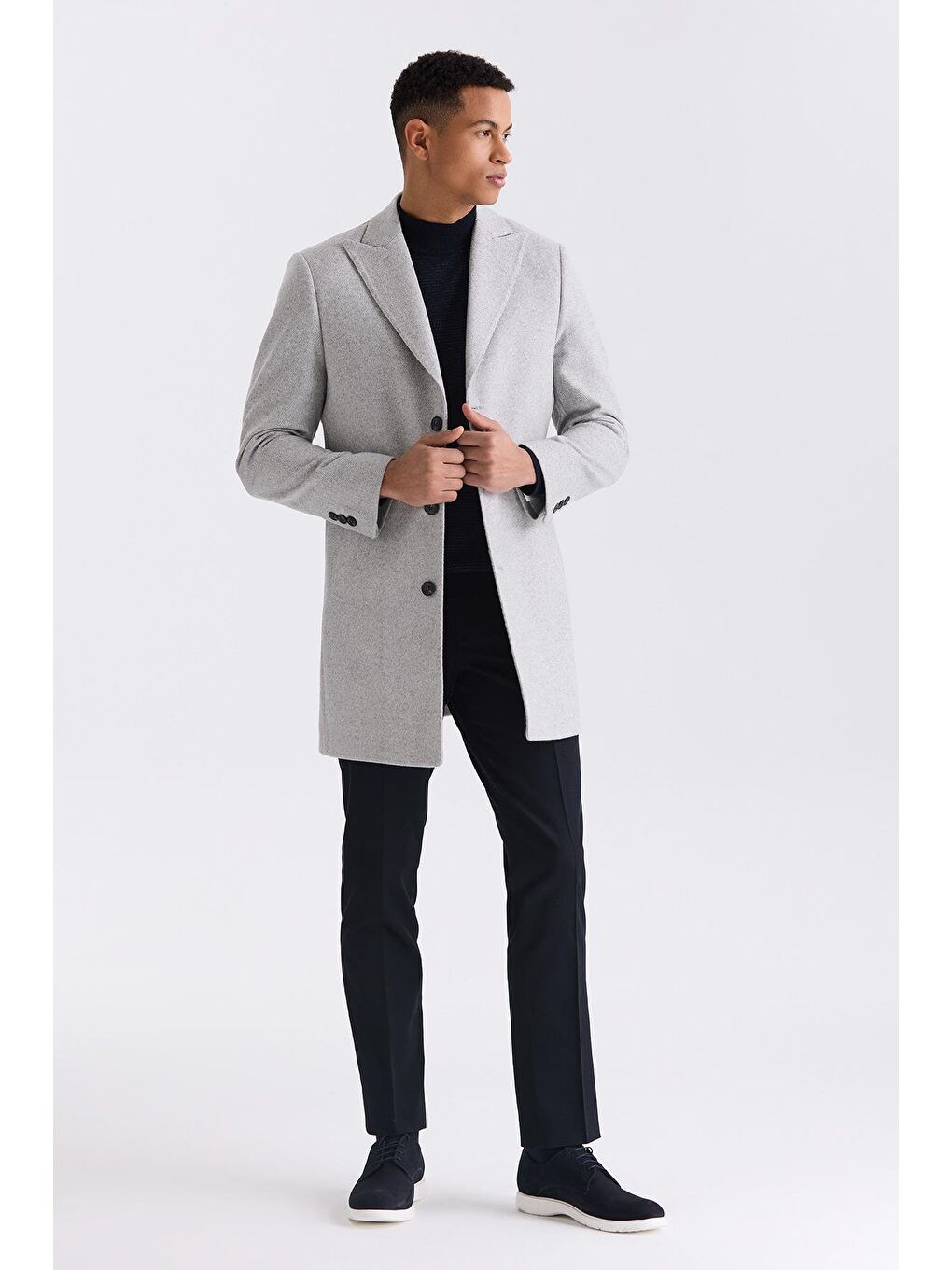 Gri Comfort Fit Sivri Yaka Balık Sırtı Desenli Yünlü Kaşe Kaban-1