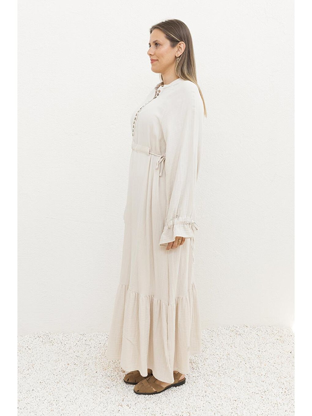 Bej Taş-Beli Bağlamalı Biritli Elbise-2