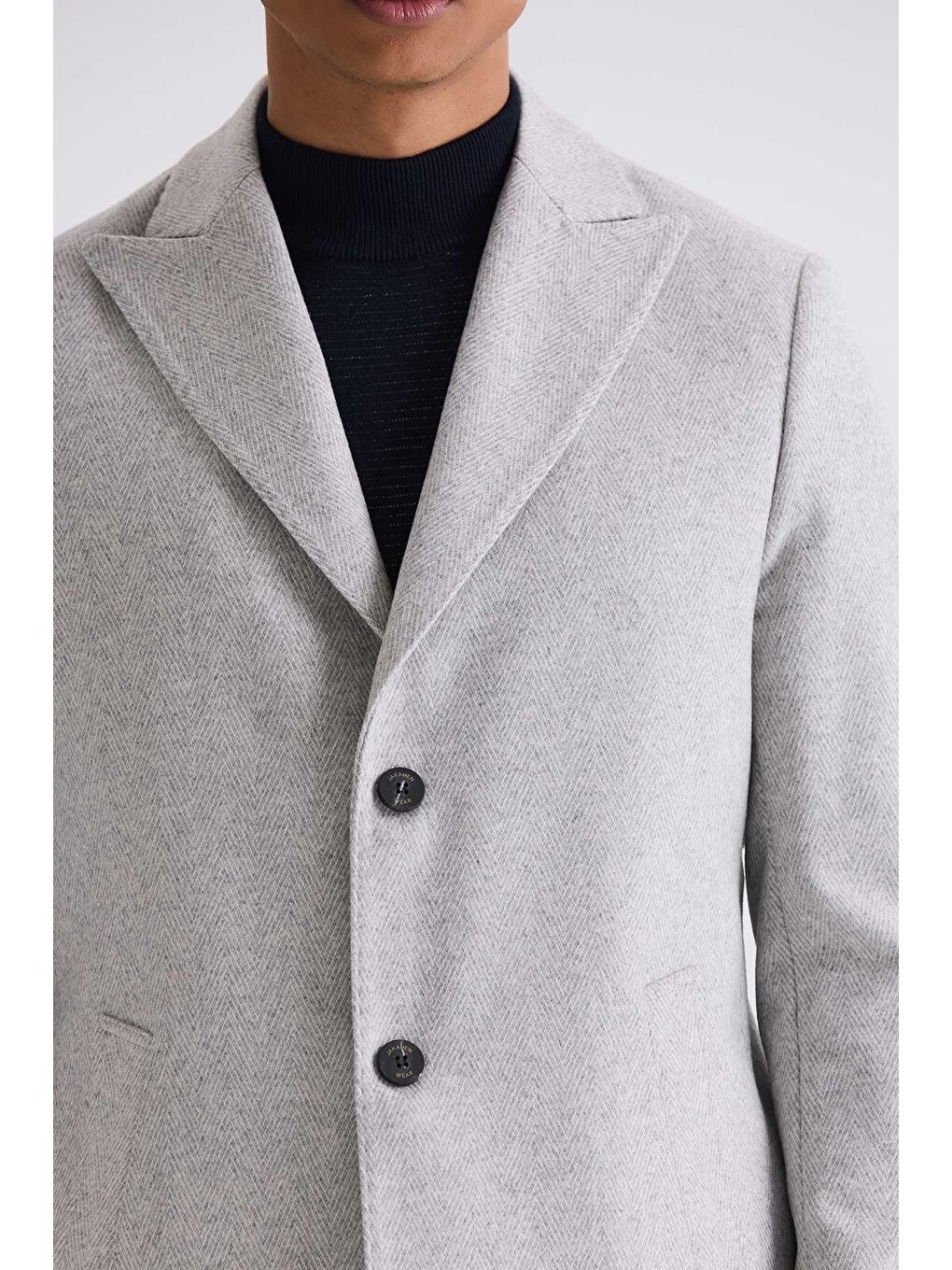 Gri Comfort Fit Sivri Yaka Balık Sırtı Desenli Yünlü Kaşe Kaban-2