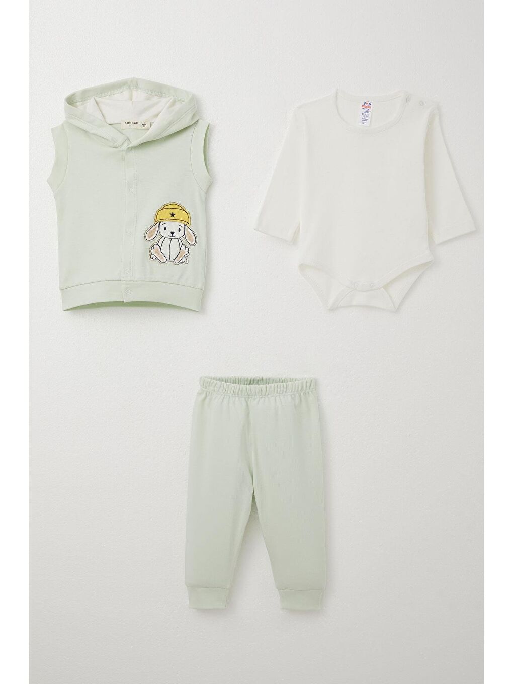 Turkuaz Erkek Bebek Zıbınlı 3 Lü Takım Sevimli Şapkalı Köpekçik Nakışlı Su Yeşili (4 Ay-1 Yaş)-2