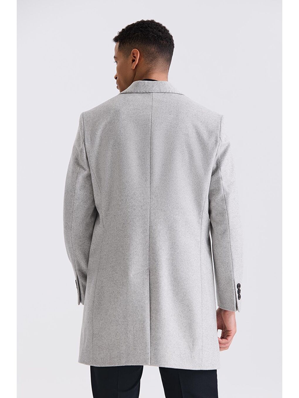 Gri Comfort Fit Sivri Yaka Balık Sırtı Desenli Yünlü Kaşe Kaban-3