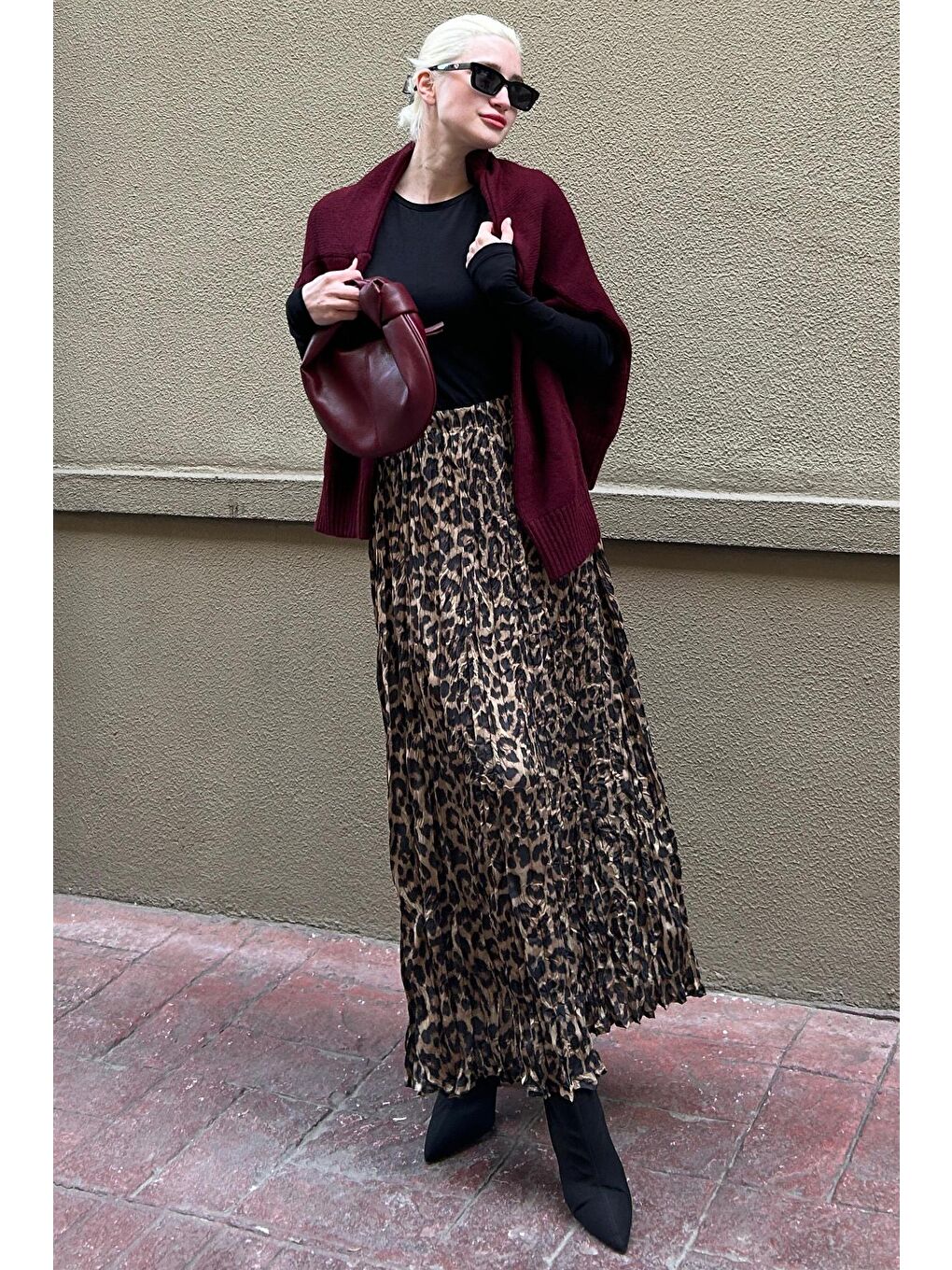 Kahverengi Leopar Desenli Kadın Midi Etek Mg2264