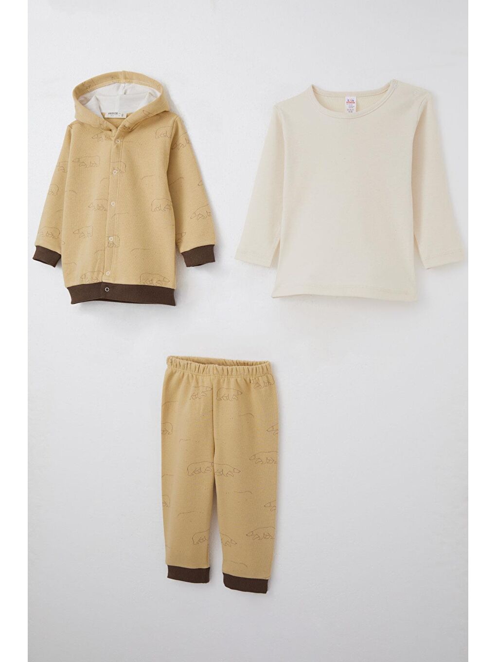 Erkek Bebek Bodyli 3 Lü Takım Kutup Ayısı Desenli Bej (4 Ay-1 Yaş)-4