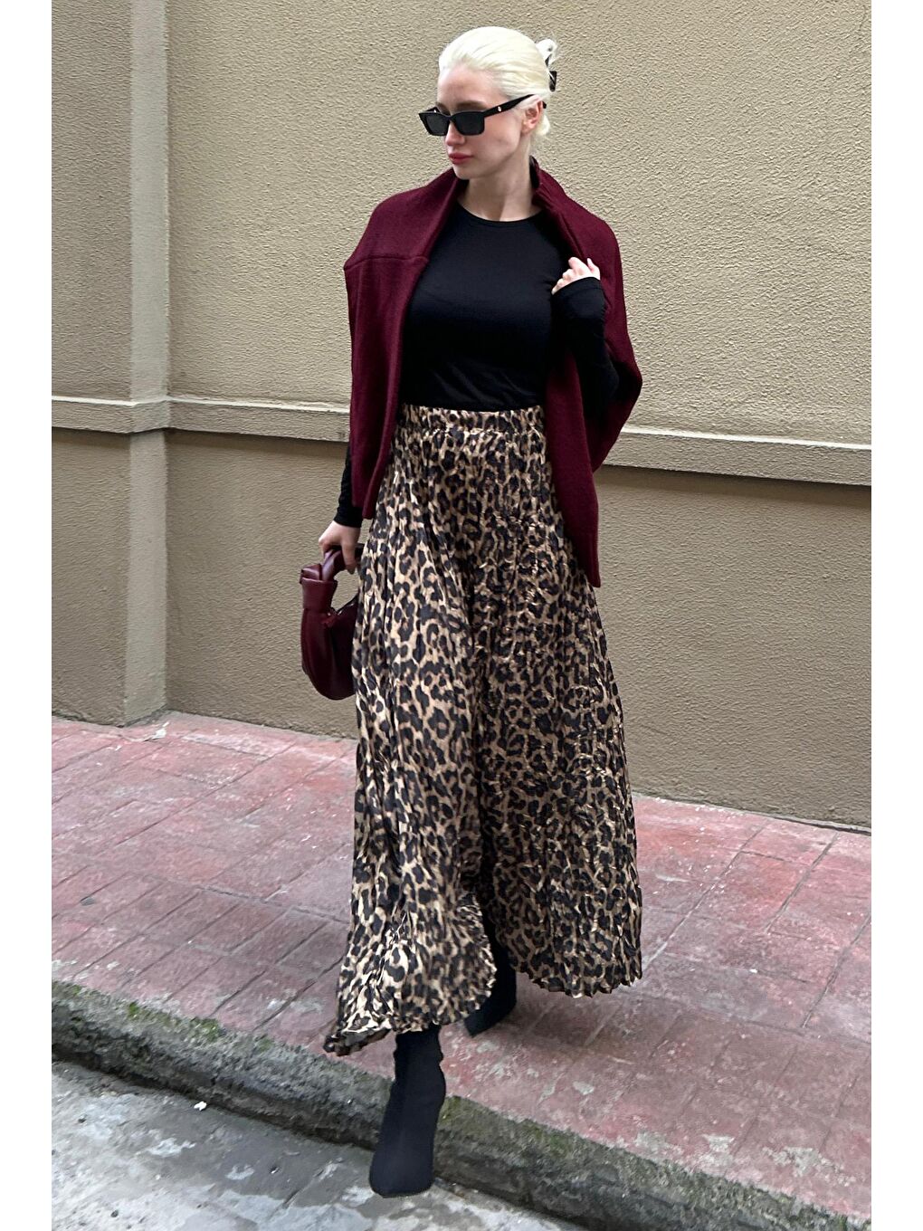 Kahverengi Leopar Desenli Kadın Midi Etek Mg2264-2