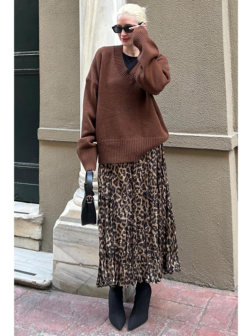 Kahverengi Leopar Desenli Kadın Midi Etek Mg2264-3