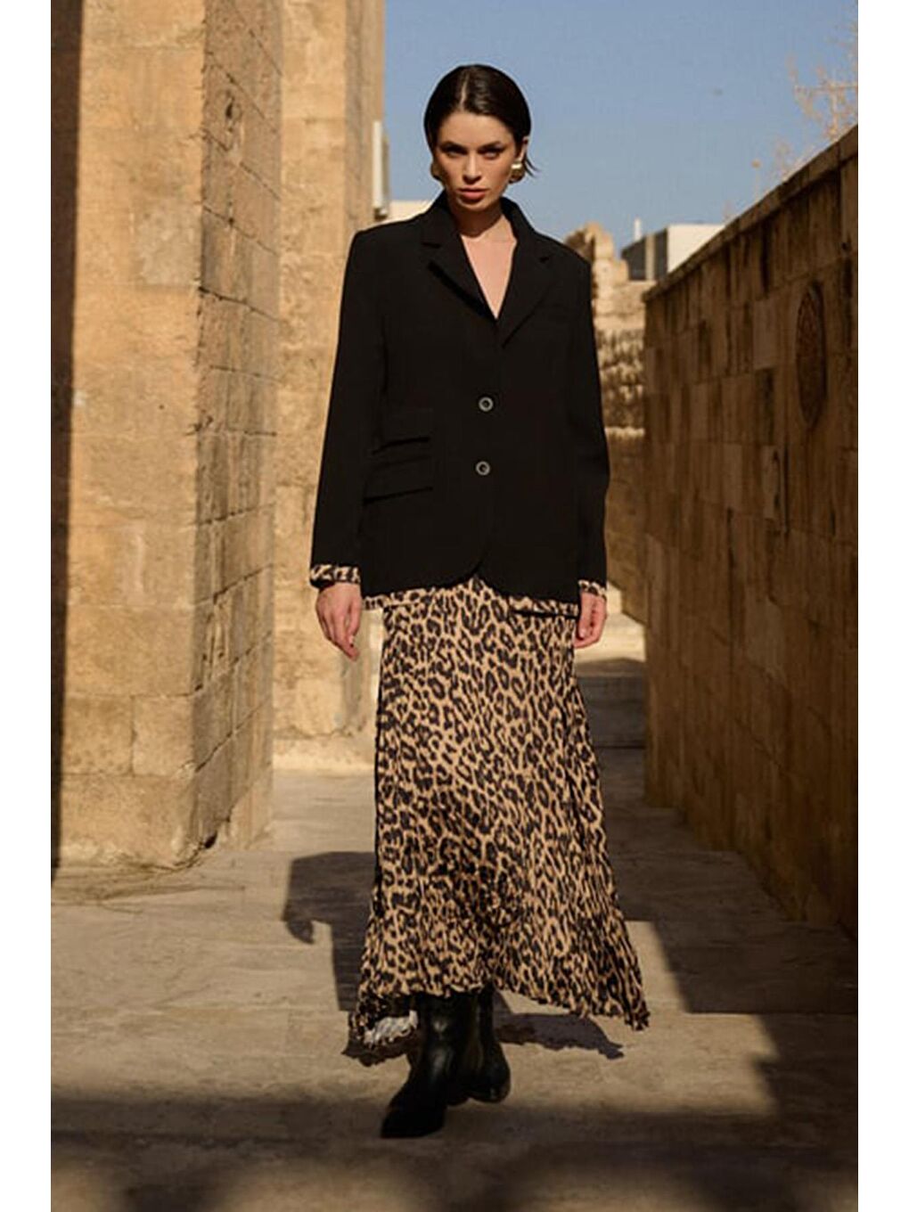 Kahverengi Leopar Desenli Kadın Midi Etek Mg2264-4