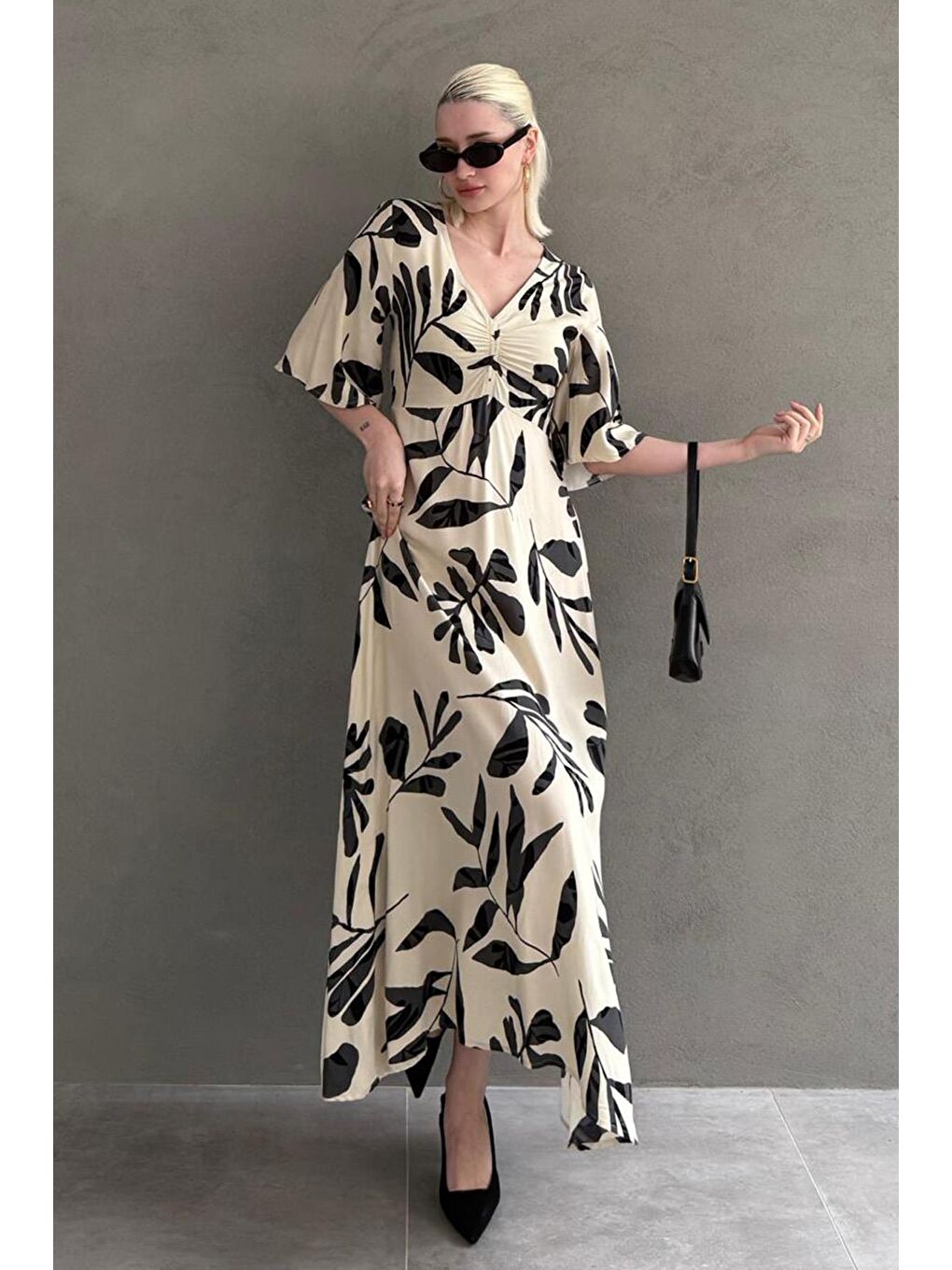 Ekru Desenli  Yarım Kollu Elbise Mg2395-1