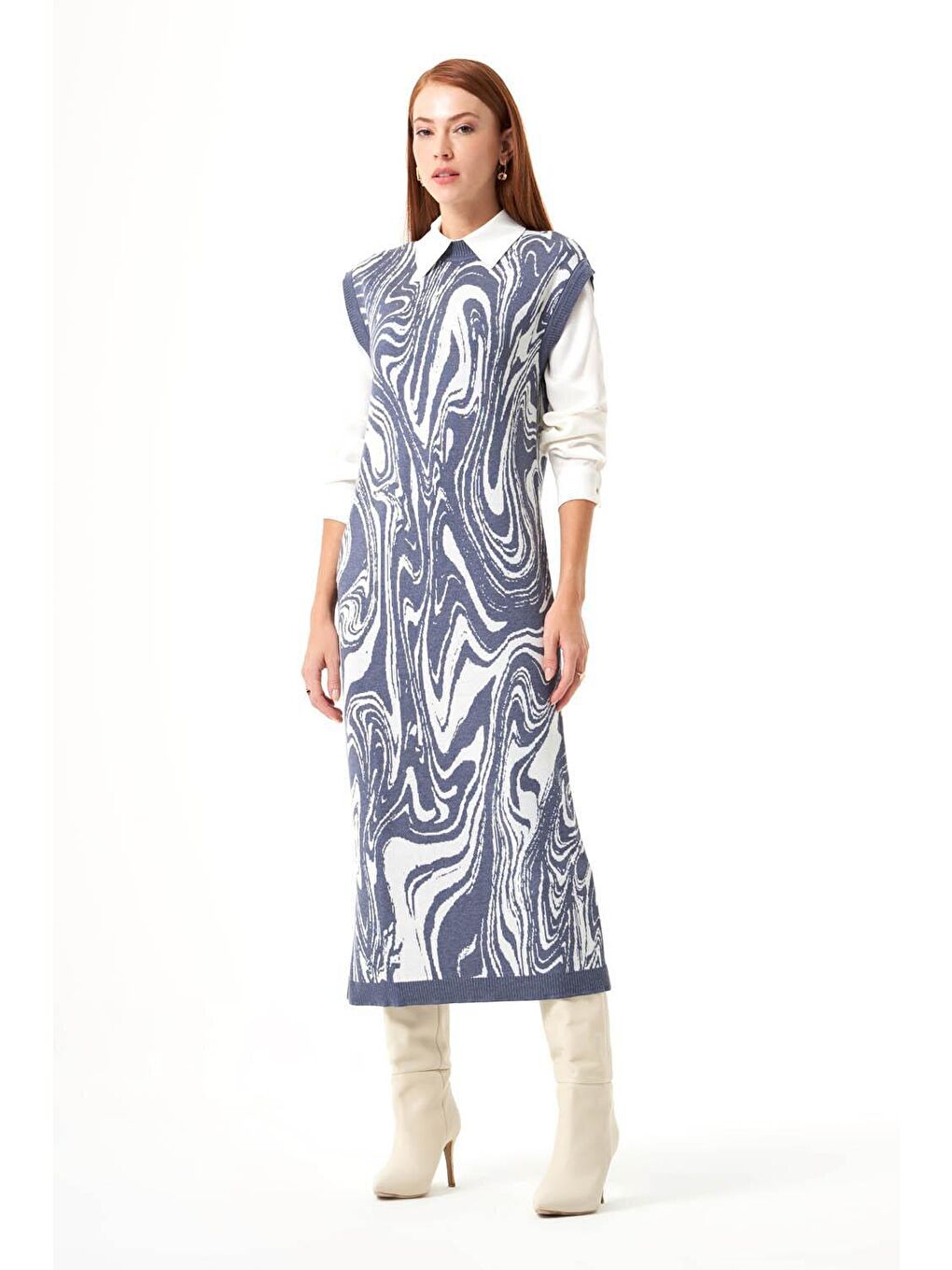 Özel Desenli Triko İndigo Elbise