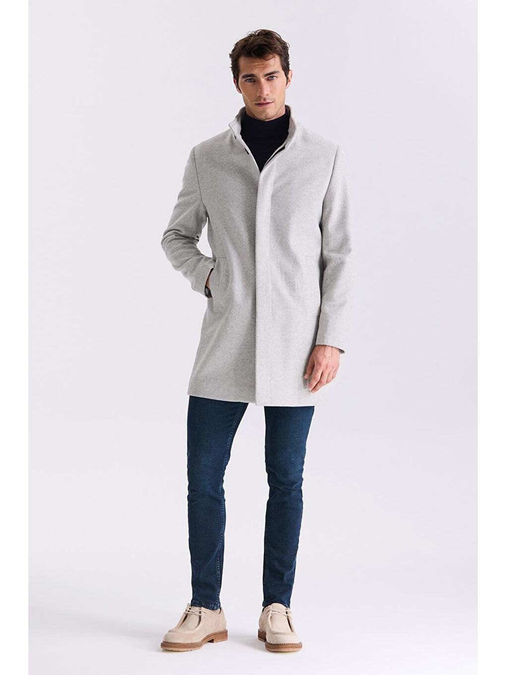 Gri Slim Fit Dik Yaka Balık Sırtı Desenli Yünlü Spor Kaban-1