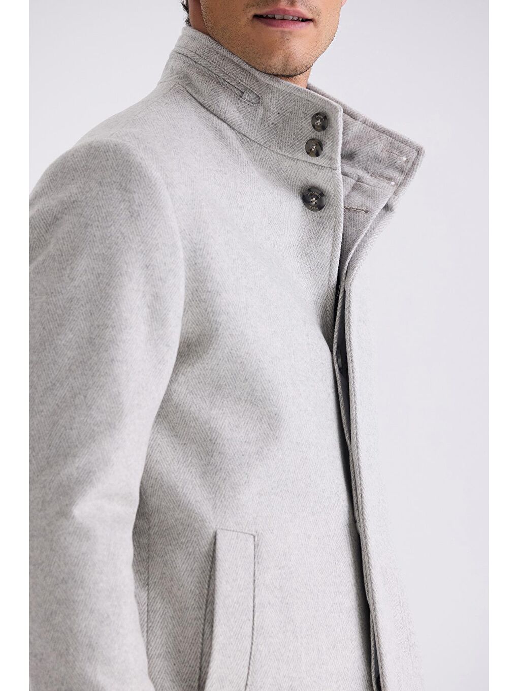 Gri Slim Fit Dik Yaka Balık Sırtı Desenli Yünlü Spor Kaban-2