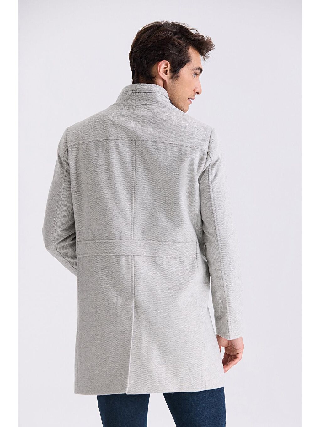 Gri Slim Fit Dik Yaka Balık Sırtı Desenli Yünlü Spor Kaban-3