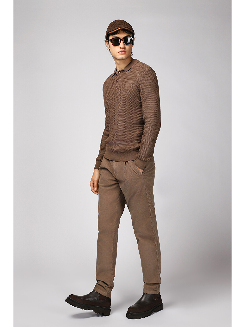 Kahverengi Polo Yaka Regular Fit Desenli Pamuklu Triko Kazak-1