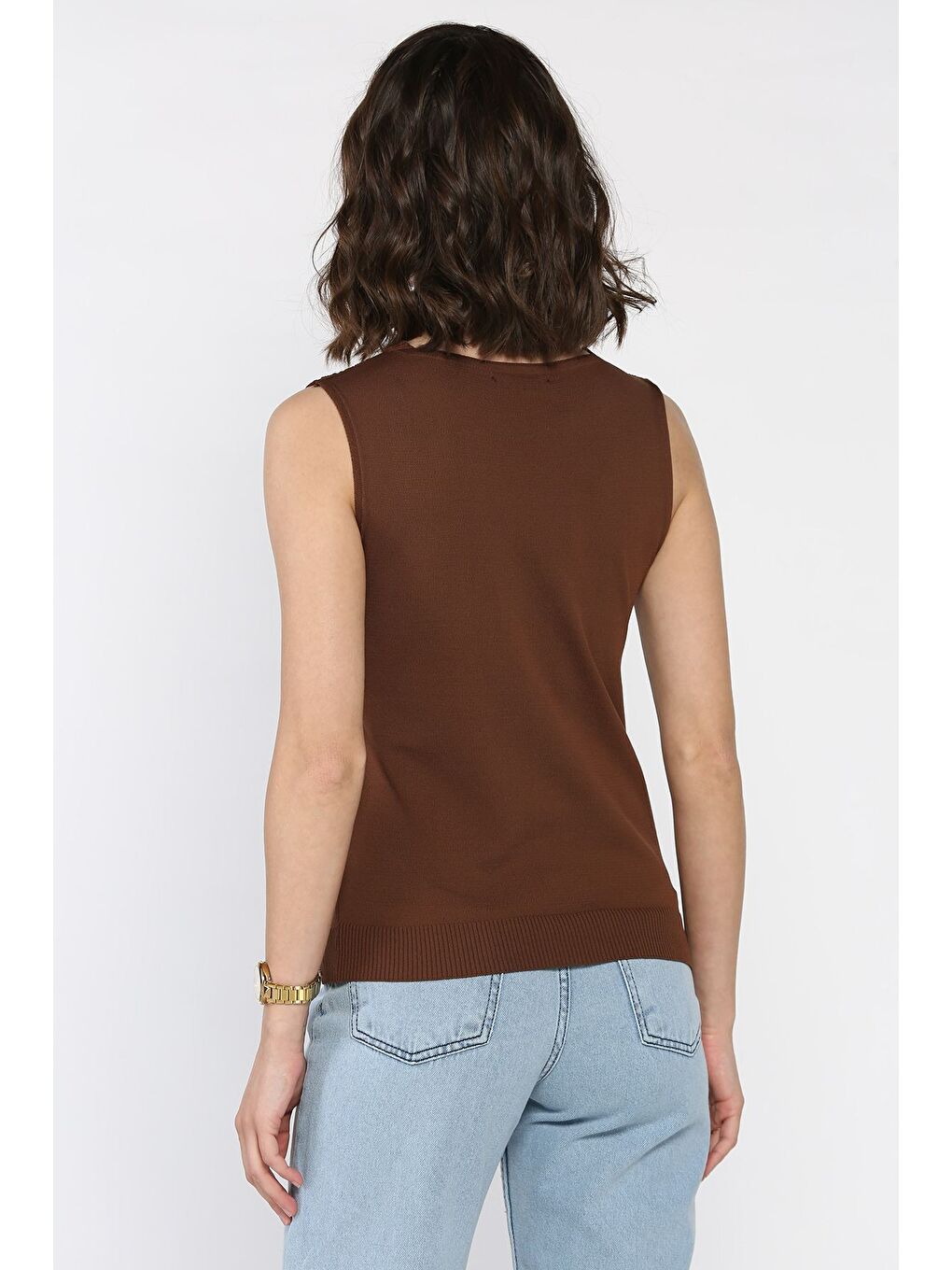 Kahverengi Kadın V Yaka Sıfır Kol Triko Bluz-2