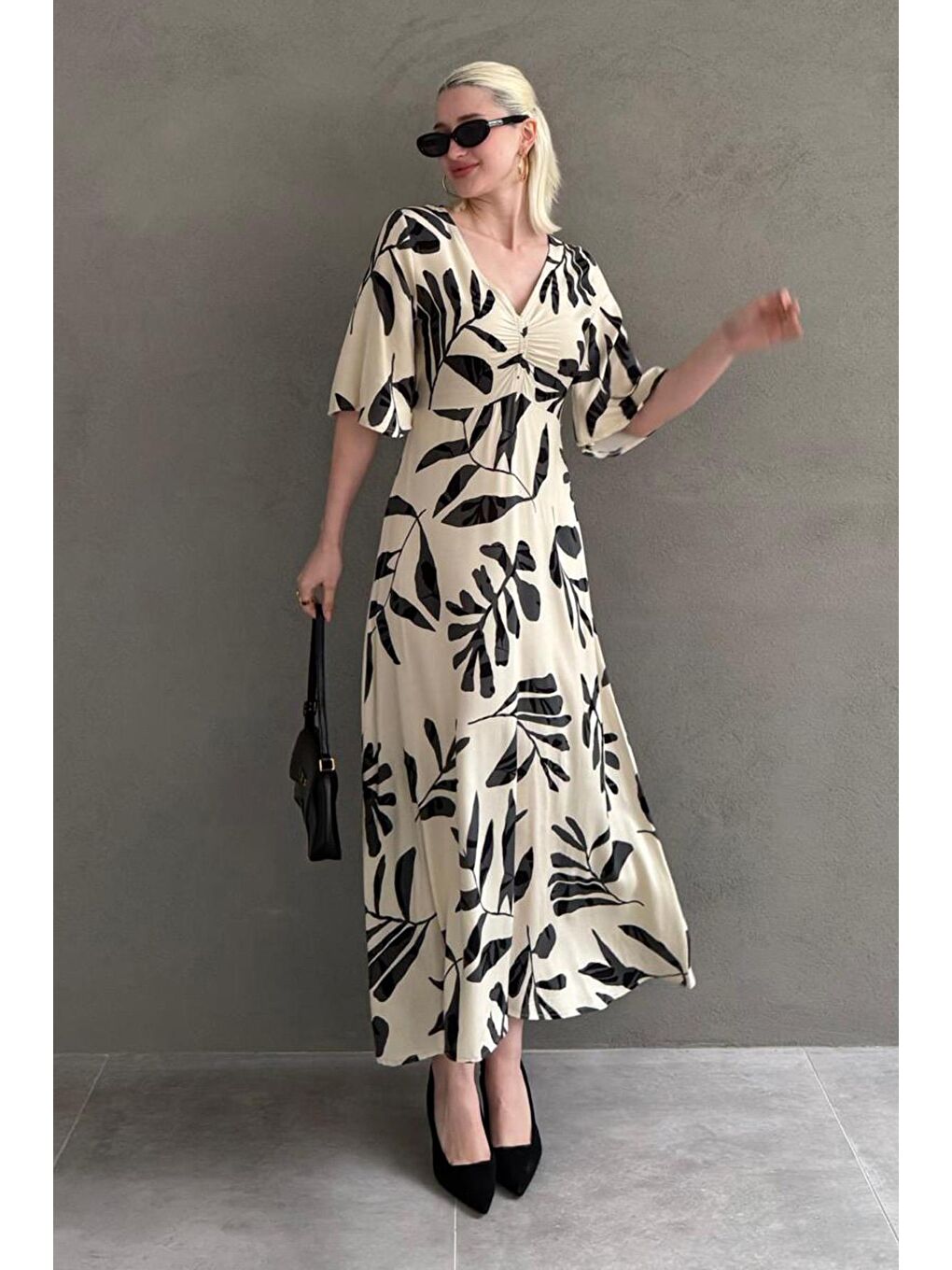 Ekru Desenli  Yarım Kollu Elbise Mg2395-3