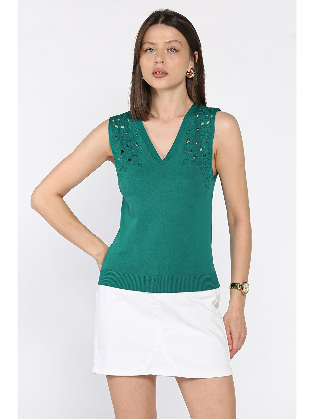 Yeşil Kadın V Yaka Sıfır Kol Triko Bluz