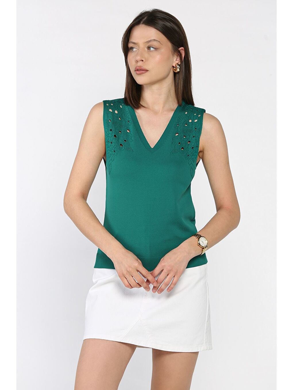 Yeşil Kadın V Yaka Sıfır Kol Triko Bluz-1