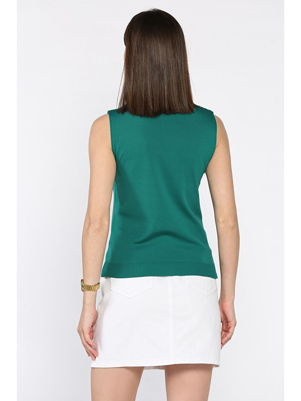 Yeşil Kadın V Yaka Sıfır Kol Triko Bluz-3