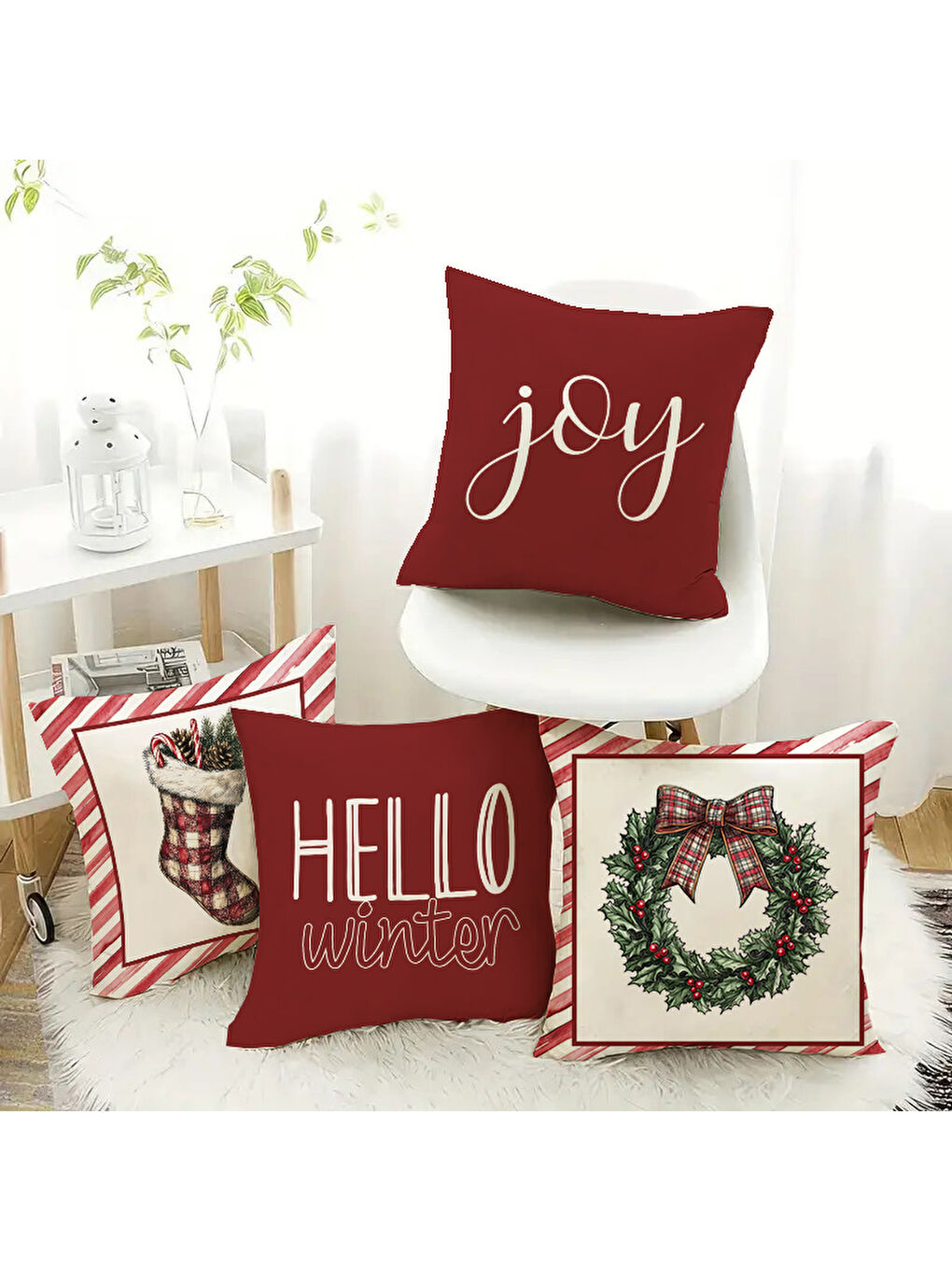 Karışık 4'lü Joy Ve Hello Winter Yazı Desenli Kadife Kırlent Kılıfı Seti – Çift Taraf Baskılı 43x43 cm