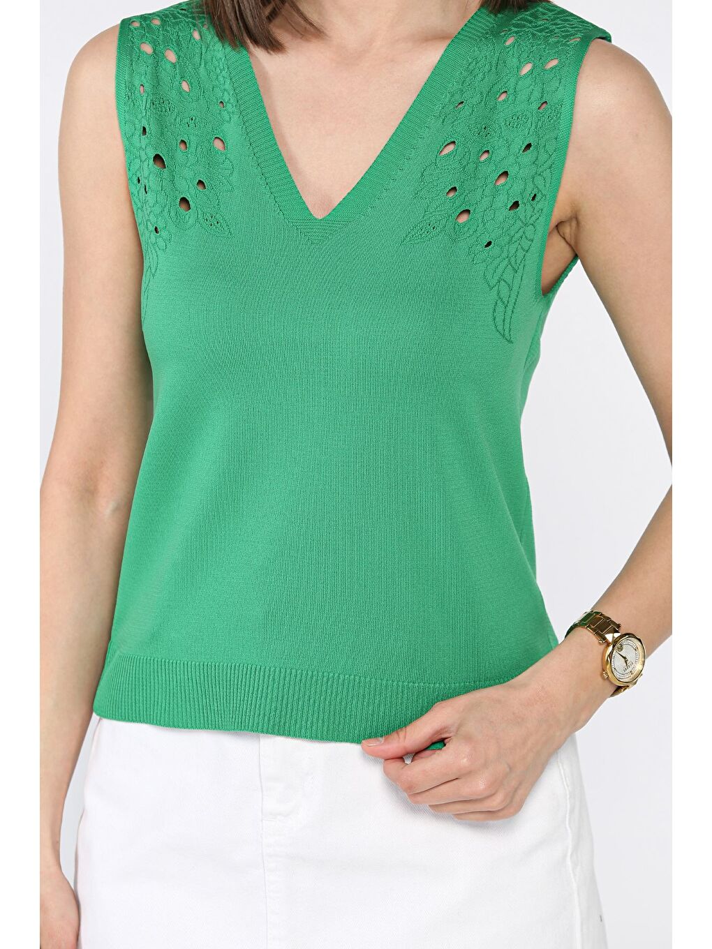 Yeşil Kadın V Yaka Sıfır Kol Triko Bluz-2