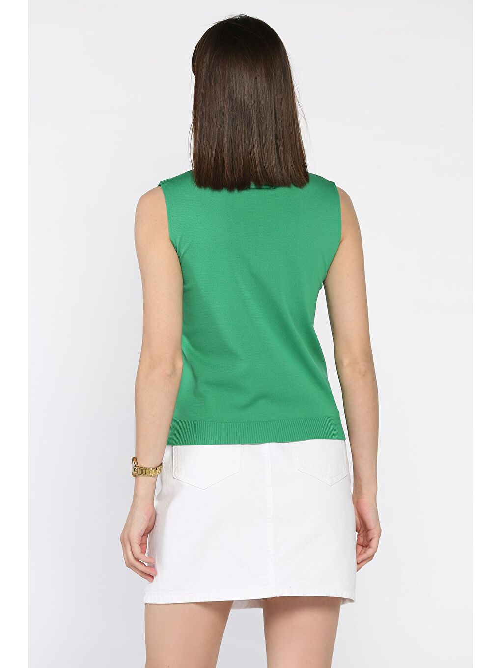 Yeşil Kadın V Yaka Sıfır Kol Triko Bluz-3