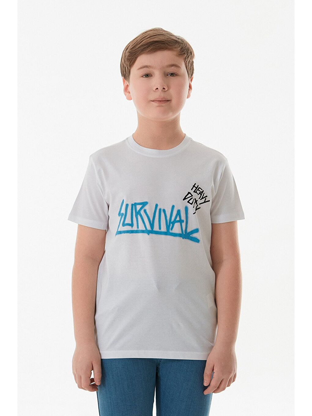 Beyaz %100 Pamuk Survıval Yazı Baskılı Erkek Çocuk Tişört