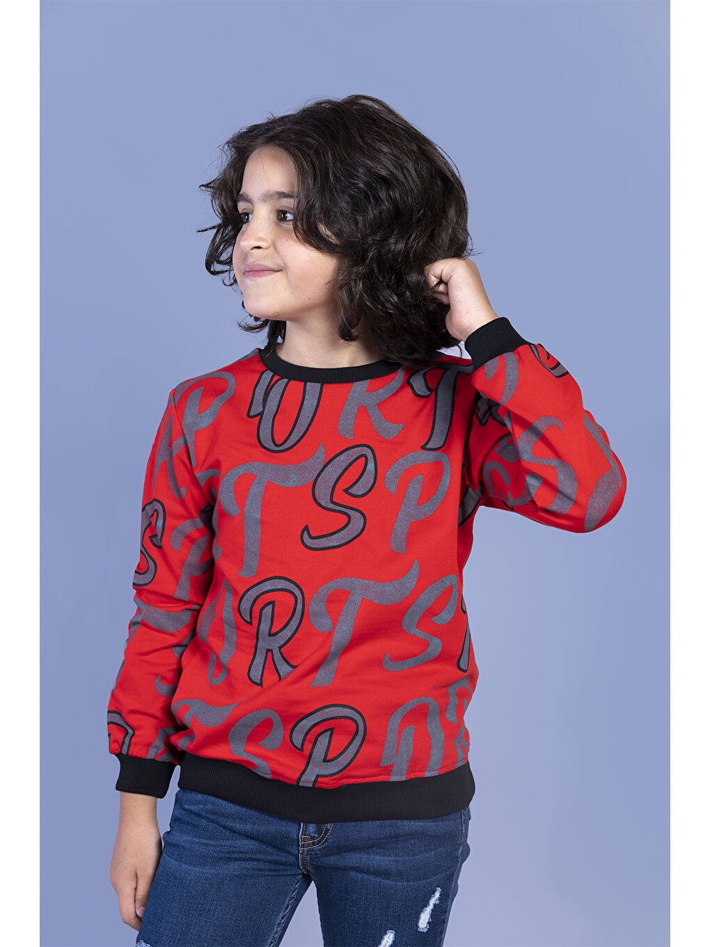 Kırmızı Erkek Çocuk Komple Baskılı Sweatshirt