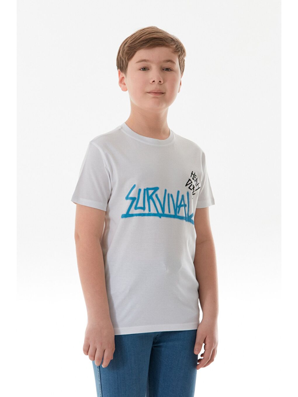 Beyaz %100 Pamuk Survıval Yazı Baskılı Erkek Çocuk Tişört-1