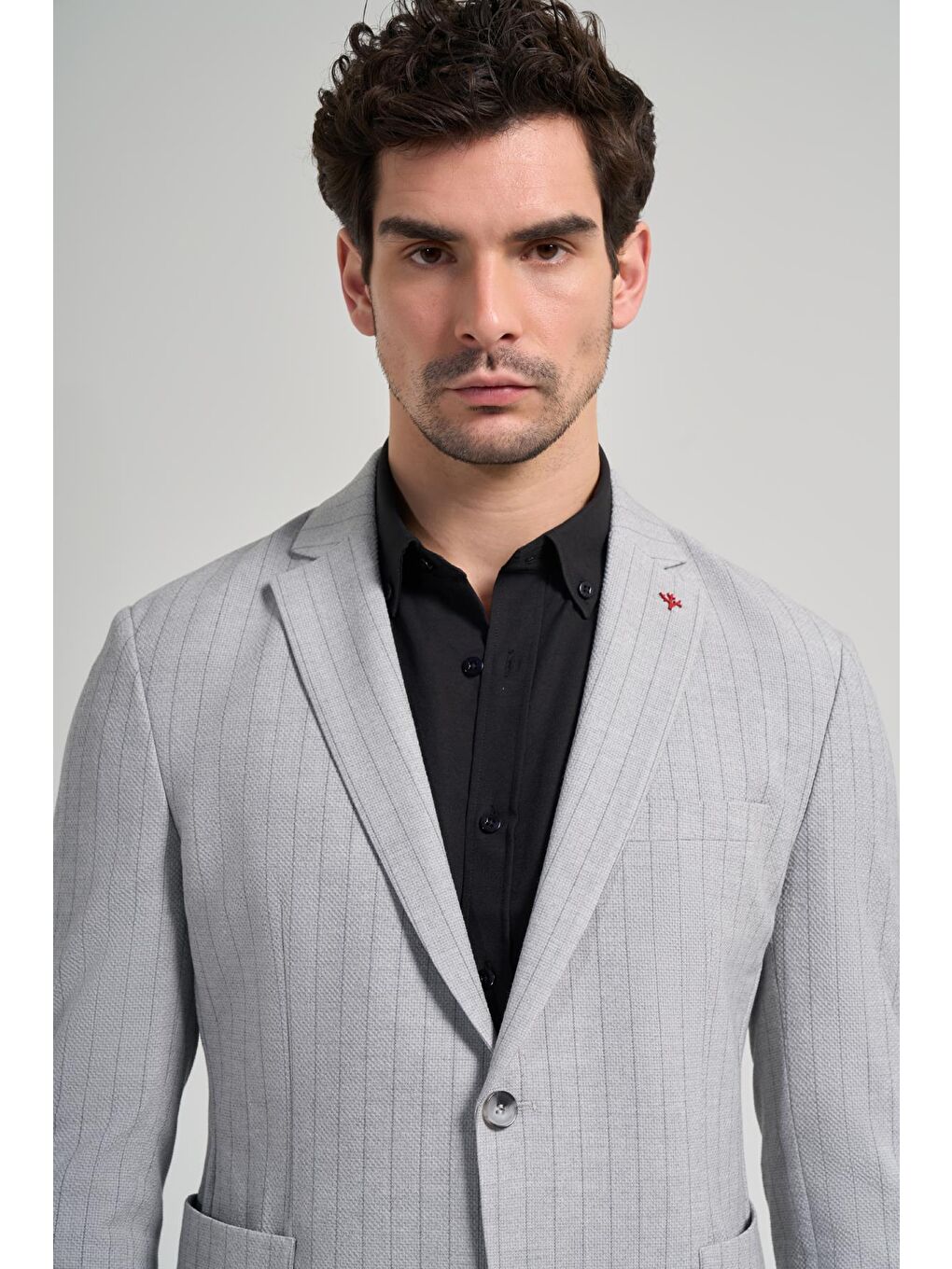 İMZA Gri Çizgili Desen Gofreli Mono Yaka Esnek 6 Drop Slim Fit Ceket 1002250122 - 3