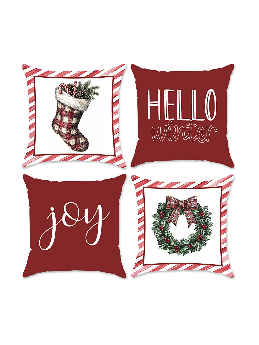 Karışık 4'lü Joy Ve Hello Winter Yazı Desenli Kadife Kırlent Kılıfı Seti – Çift Taraf Baskılı 43x43 cm-1