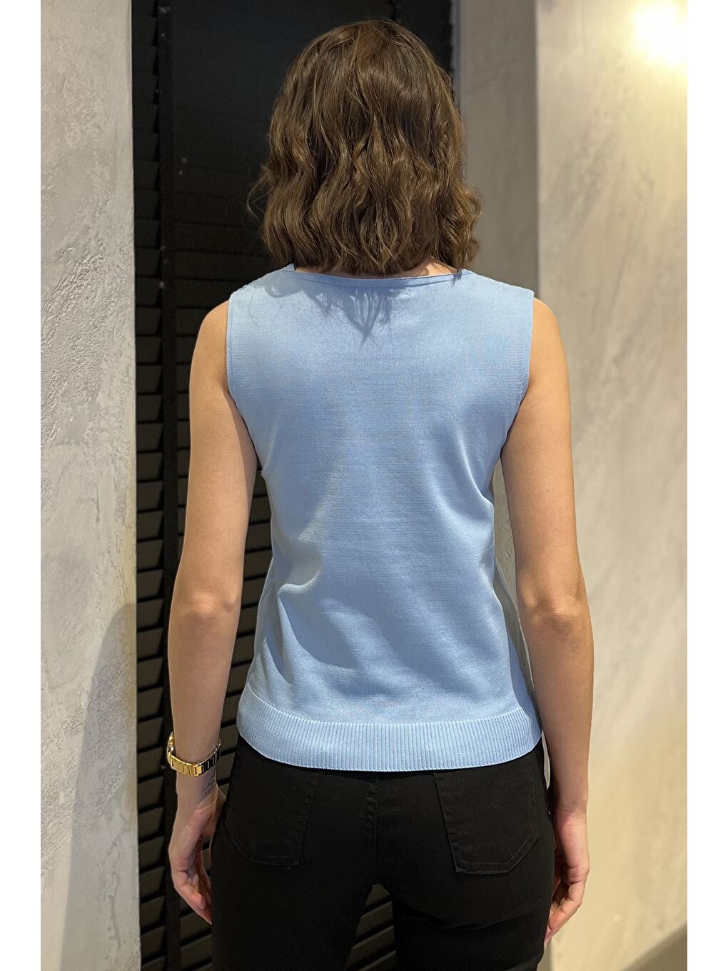 Mavi Kadın V Yaka Sıfır Kol Triko Bluz-2