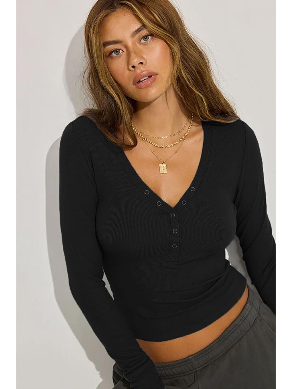 Siyah V Yaka Uzun Kollu Düğme Detaylı Kaşkorse Bodysuit Mg2194-3