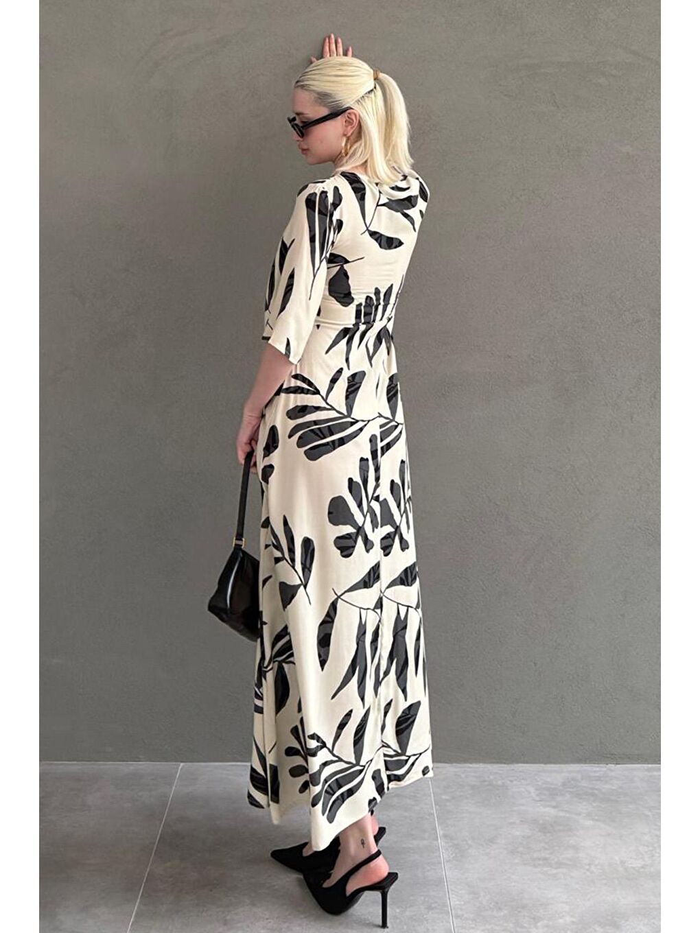 Ekru Desenli  Yarım Kollu Elbise Mg2395-4