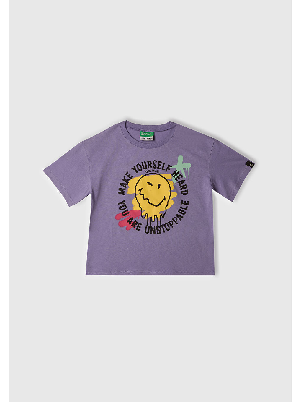 Kız Çocuk Mor Smiley World Baskılı Logo Etiketli T-Shirt